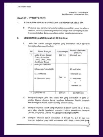 Scan of licence conditions, page 1, off-site recovery licence